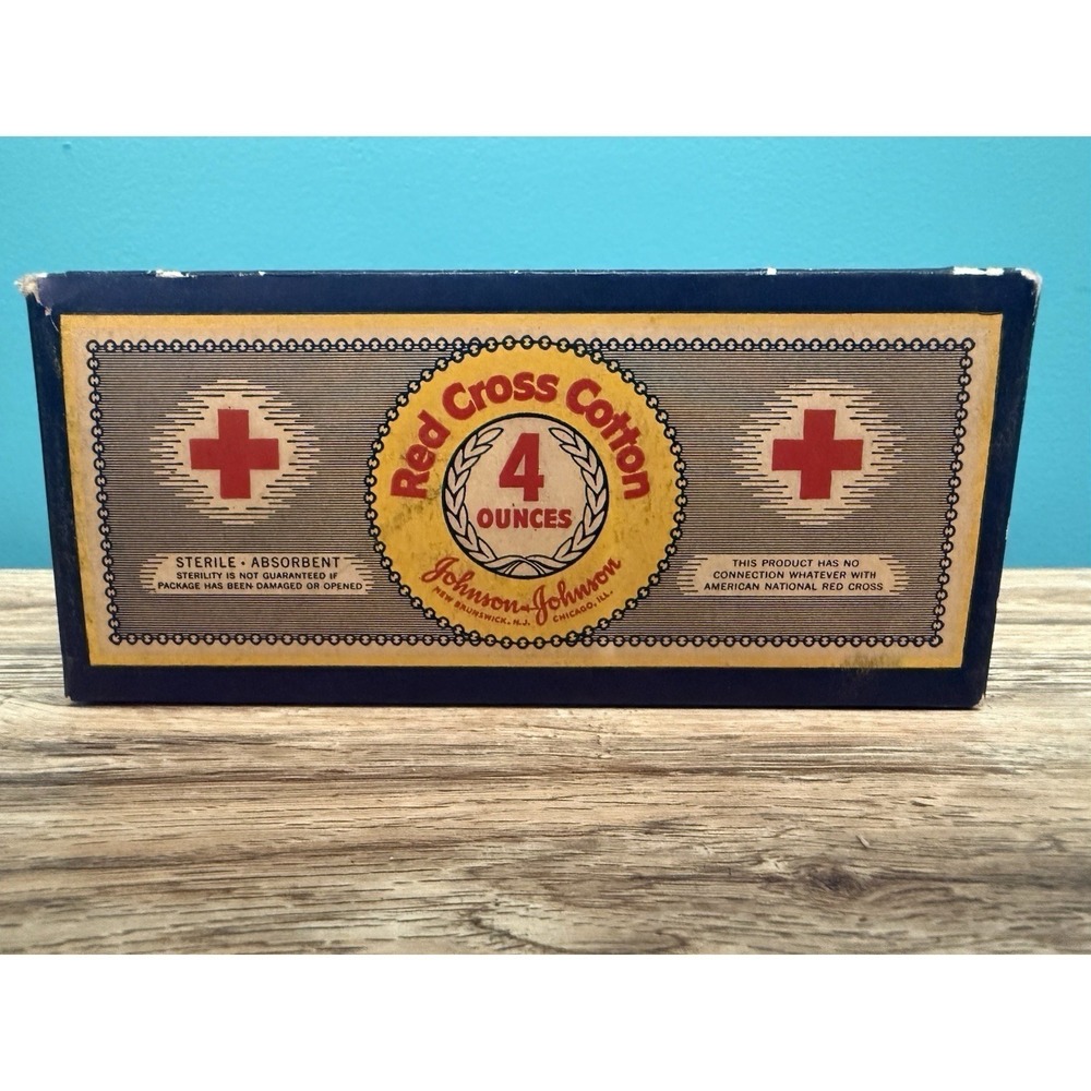 Vintage 1940s Johnson & Johnson Red Cross Cotton 4 Oz Medical Pharmacy Box NOS